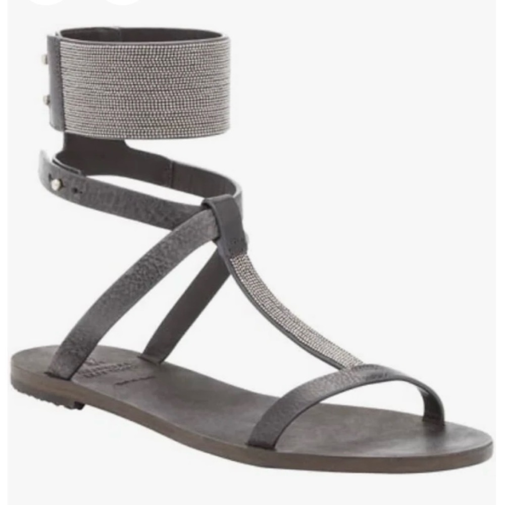 Brunello Cucinelli Dark Gray Strappy Ankle-Cuff Sandal with Crystal Detail